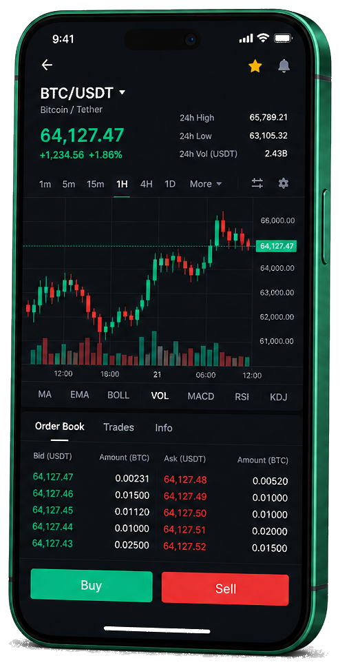 Lumineux Invexus trading platform on mobile — live BTC/USDT chart, order book, and buy/sell interface